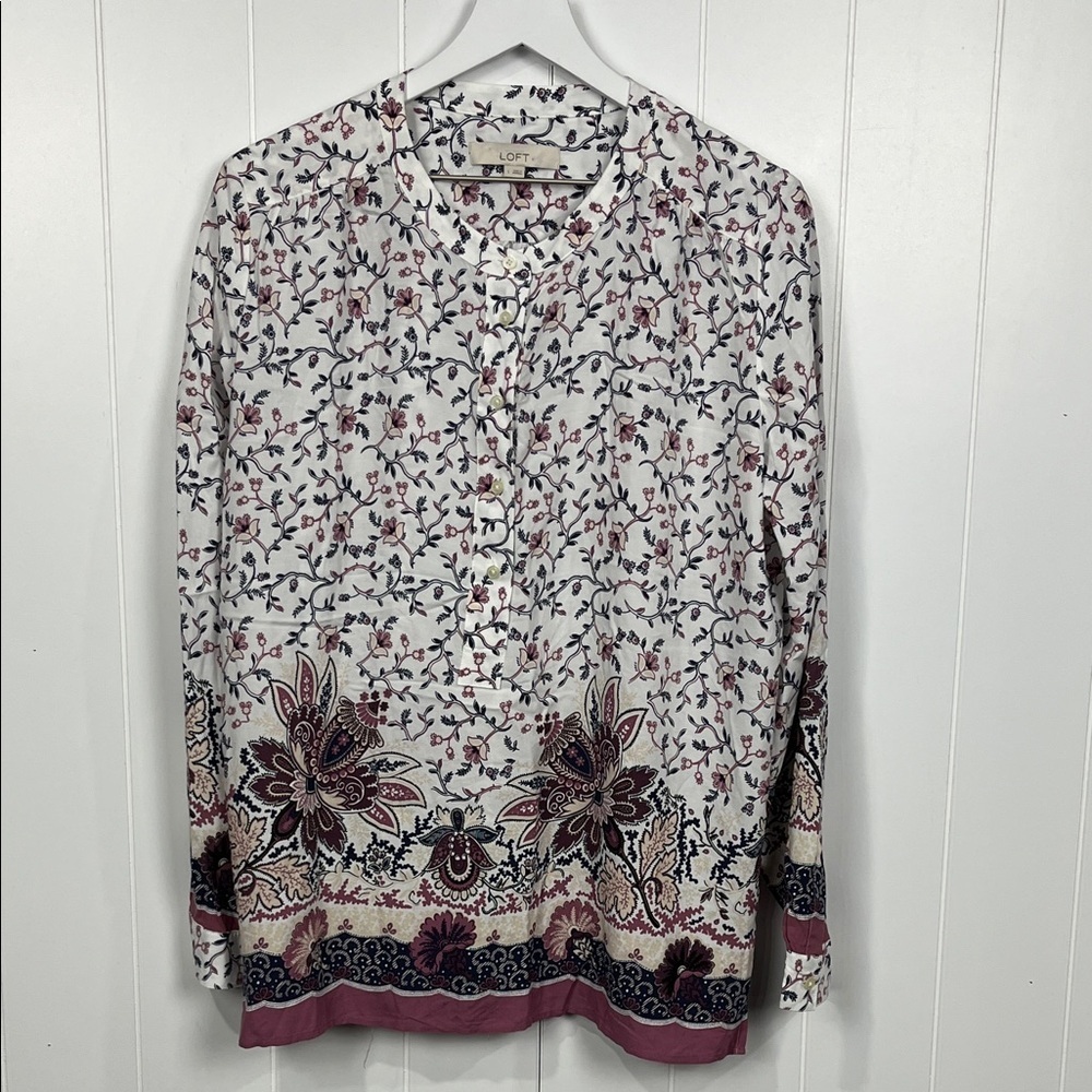 Loft Womens Tunic L Purple White Floral 5 Button Down Side Slits Classy Flowy